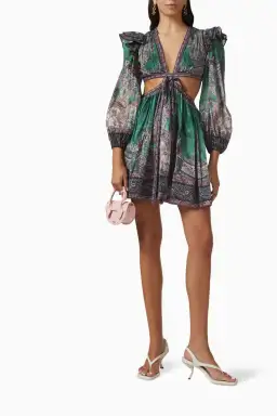 Zimmermann Anneke Ruffle Mini Dress Teal Paisley Size 0/Size 8 for rent on The Volte - image 1