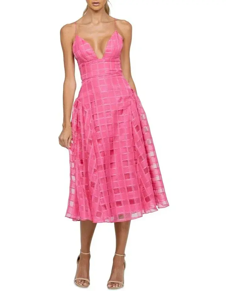 Bariano Kora V Neck Aline Midi Dress in Barbie Pink Size 10 for rent on The Volte - main image