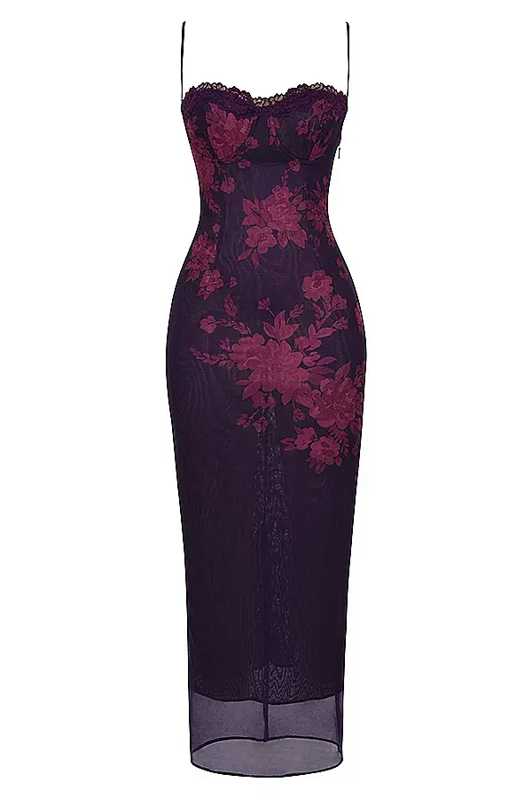 House of CB Aiza Mesh Maxi Dress Grape Floral Size 8 for rent on The Volte - main image