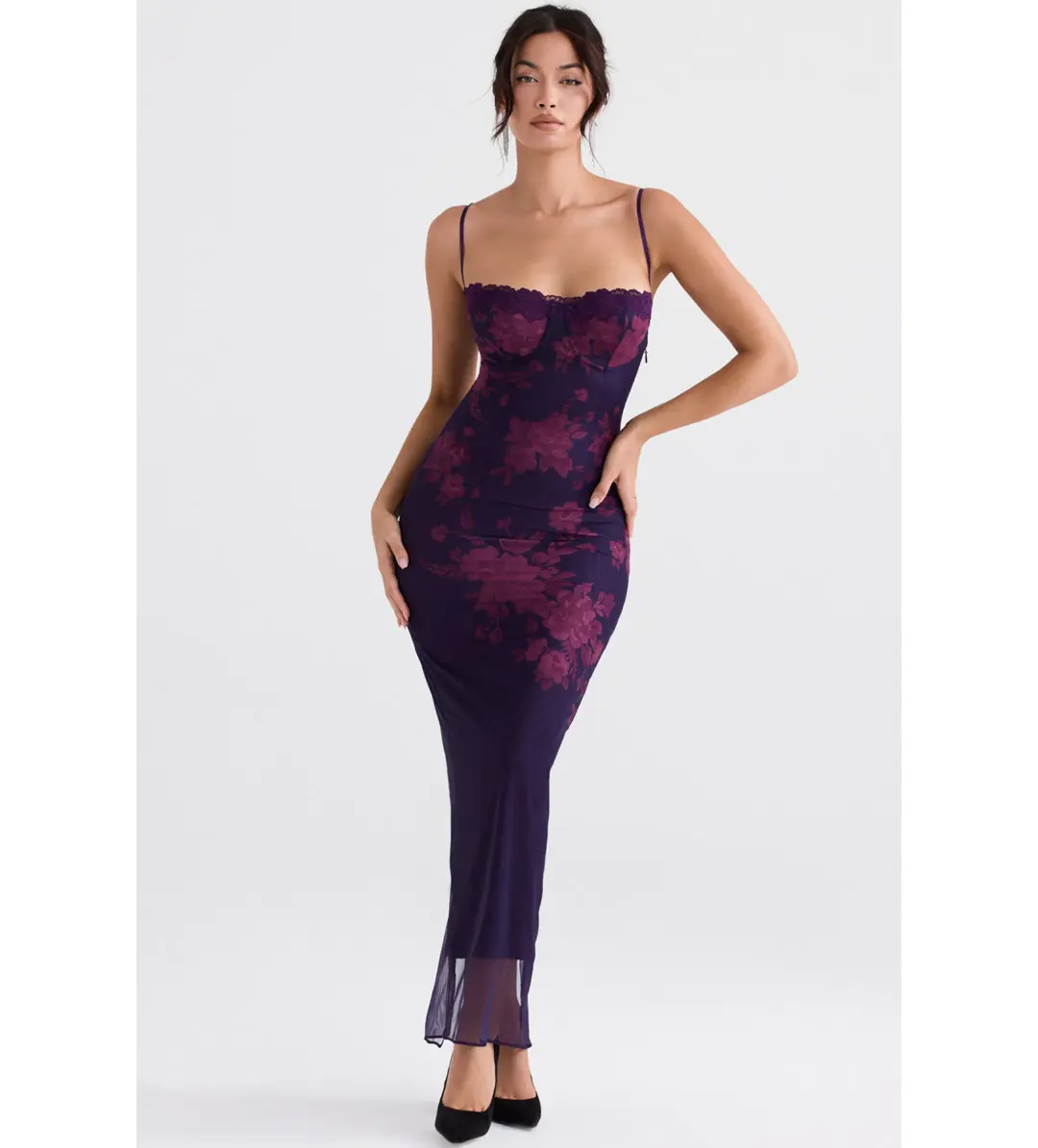 House of CB Aiza Mesh Maxi Dress Grape Floral Size 8 for rent on The Volte - main image