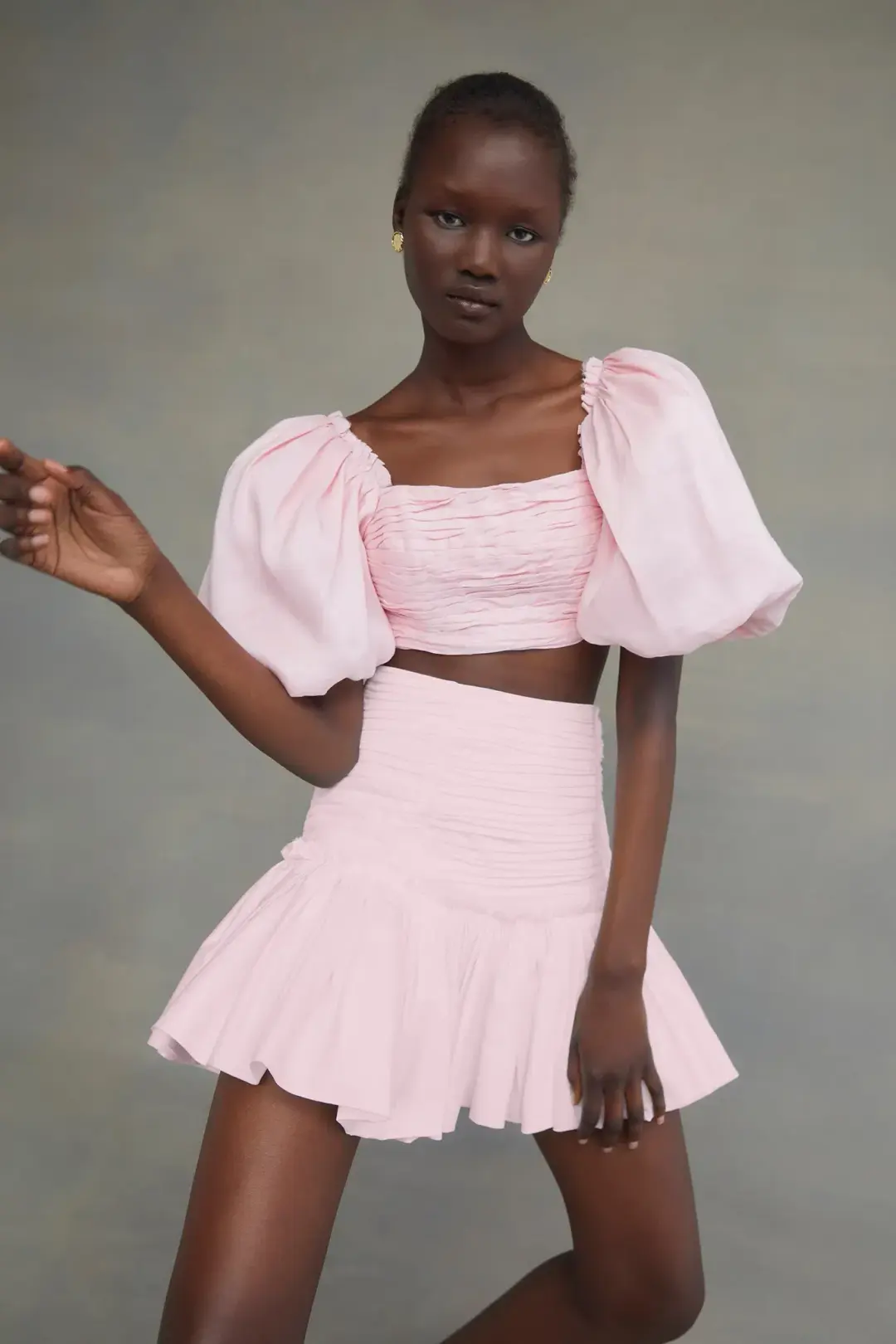 Aje Myriad Puff Sleeve Cropped Top & Tiered Mini Skirt Set Pink Size 4 for rent on The Volte - main image