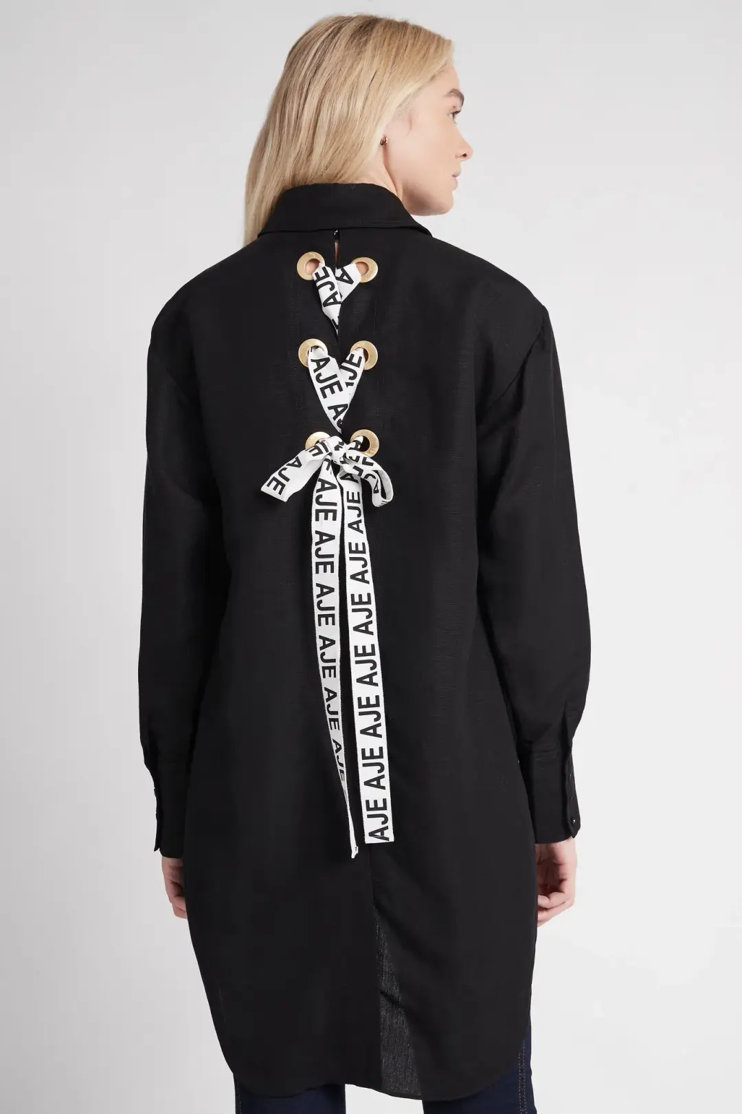 Aje Virtuous Lace-Up Longline Shirt In Black Size 10 for rent on The Volte - main image