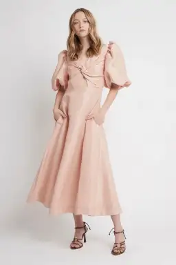 Aje Dusk Knot Puff Sleeve Midi Dress Blush Size AU 16
