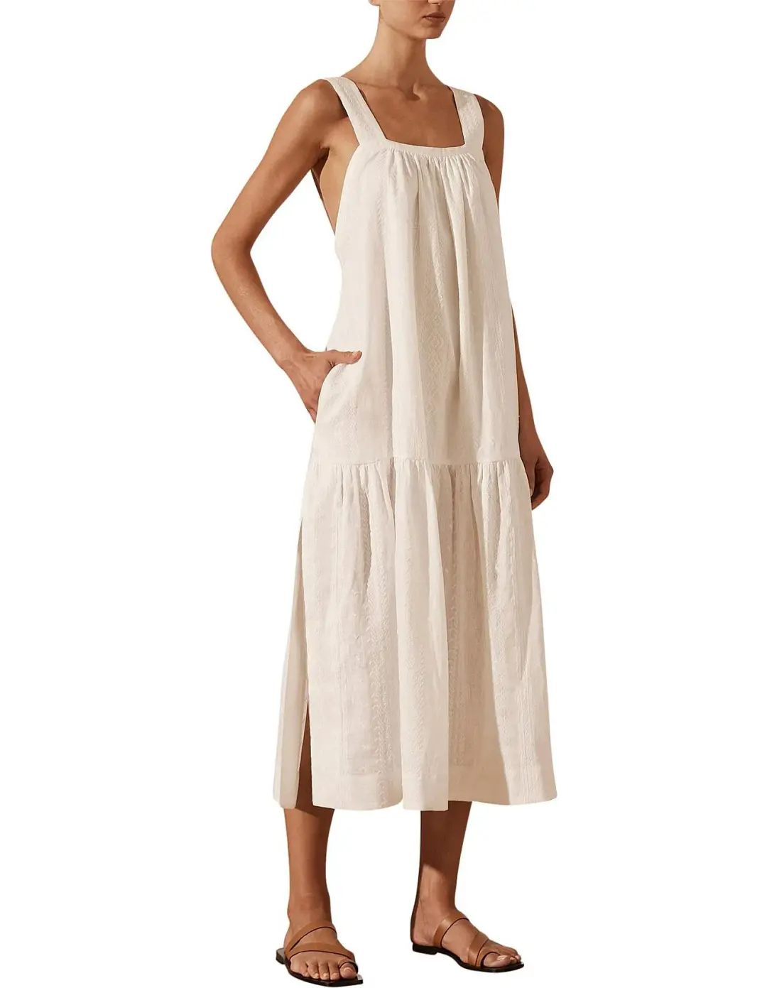 Shona Joy Cosmo Linen Low Back Midi Dress Cream Size 12 for rent on The Volte - main image