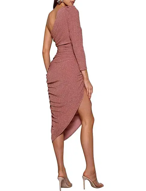 Elle Zeitoune Rose Gold Midi One Shoulder Ruched Dress Blush Size AU 10 for rent on The Volte - main image