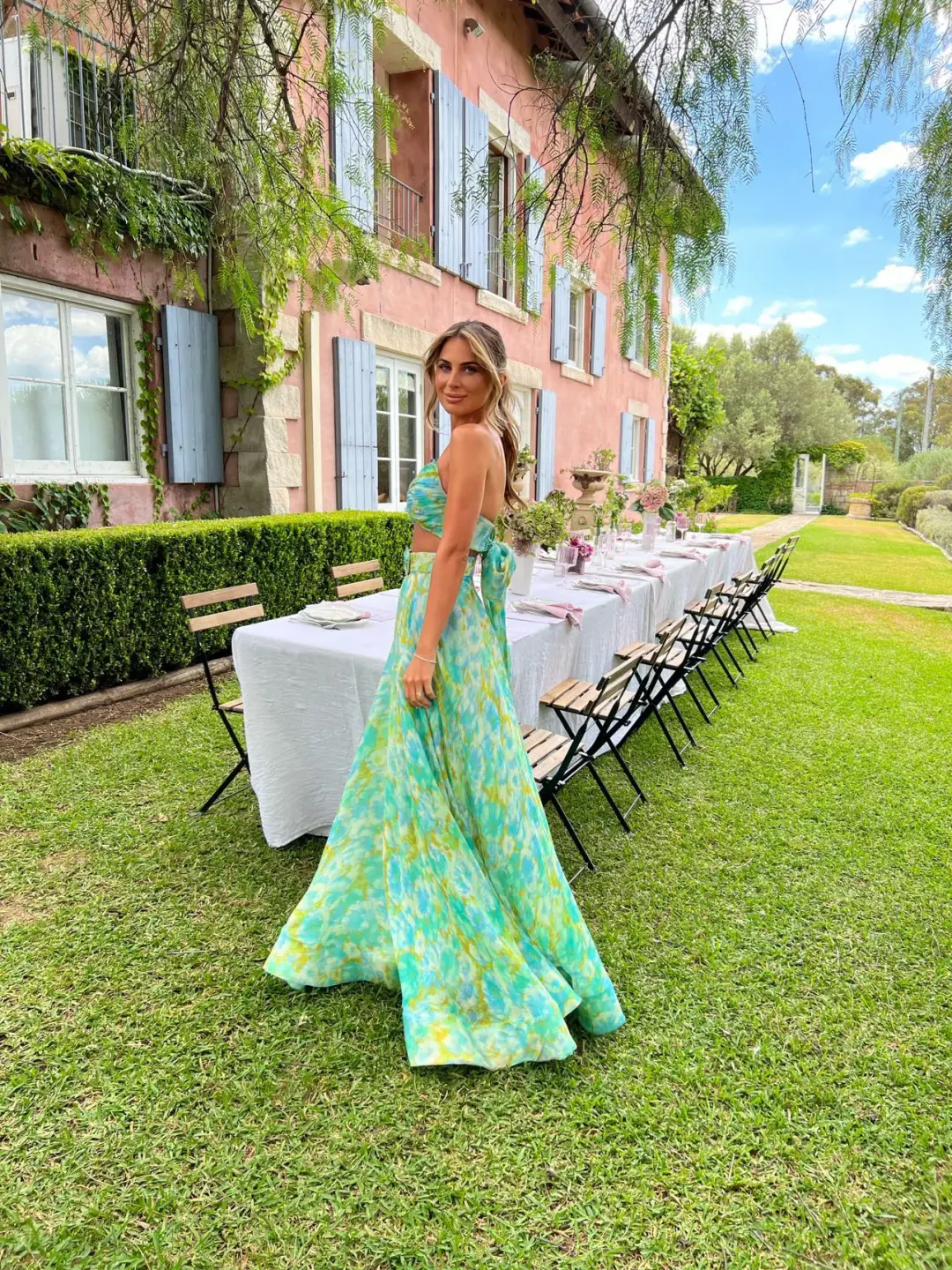 Zimmermann High Tide Twist Crop Bodice And Skirt Set Aqua Ikat Size 1/Au 10 for rent on The Volte - main image