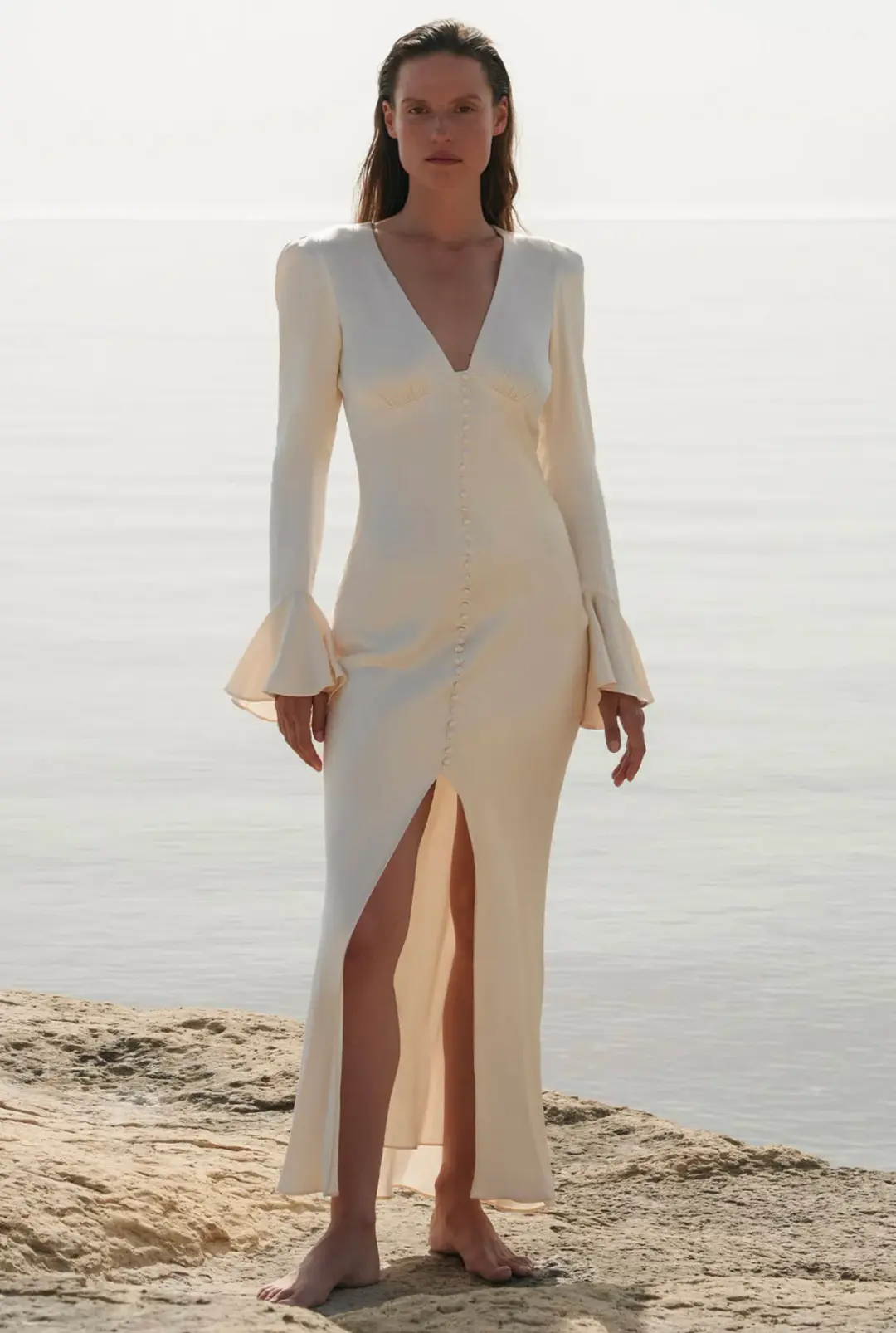 Shona Joy La Lune Frill Cuff Bias Midi Dress Cream Size 8 / S for rent on The Volte - main image