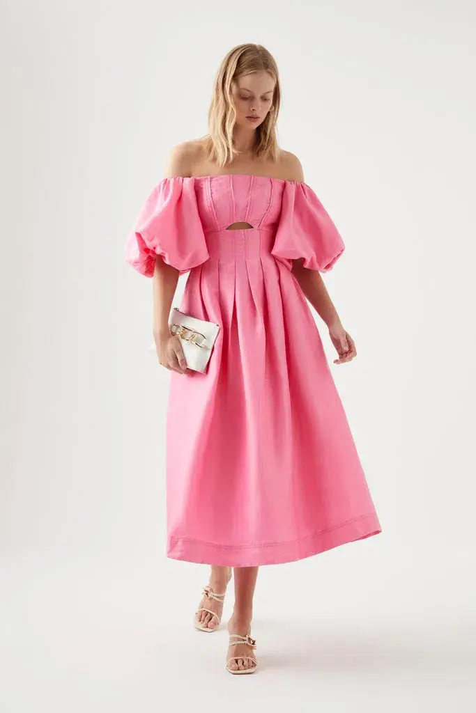 Aje Eugenie Off The Shoulder Midi Dress French Rose Pink Size 10 / M for rent on The Volte - main image