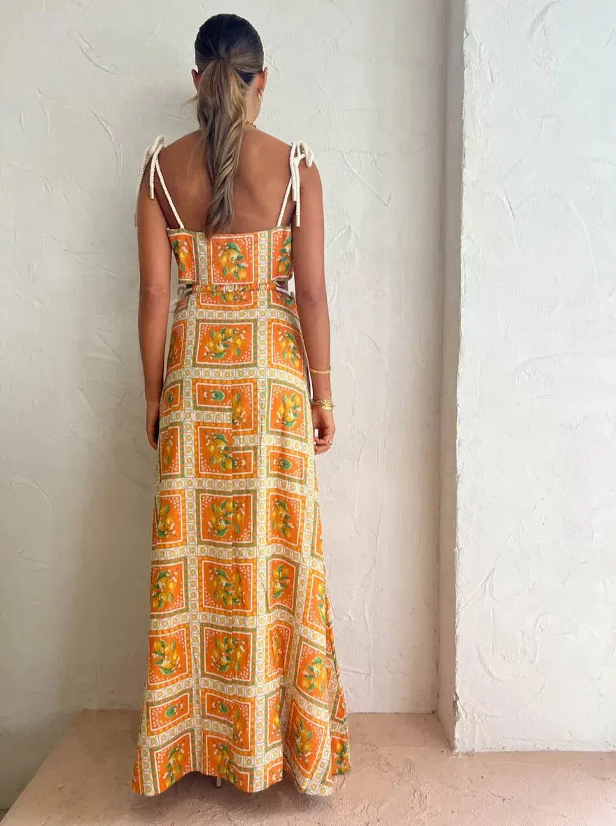 By Nicola Lemonade Tie Maxi Dress In Orange Mosaic Print Size 6 for rent on The Volte - main image