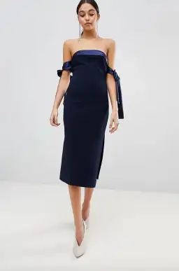 Bec & Bridge Tie Sleeve Off Shoulder Midi Dress Navy Size AU 6 for rent on The Volte - image 1
