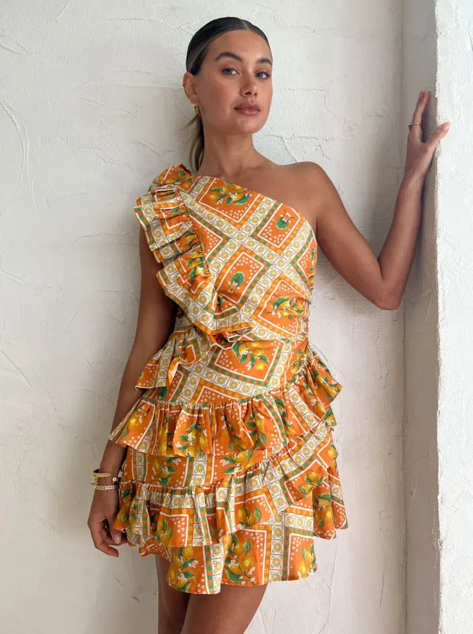 By Nicola Adrift Frill Mini Dress in Orange Mosaic Print Size 10 for rent on The Volte - main image