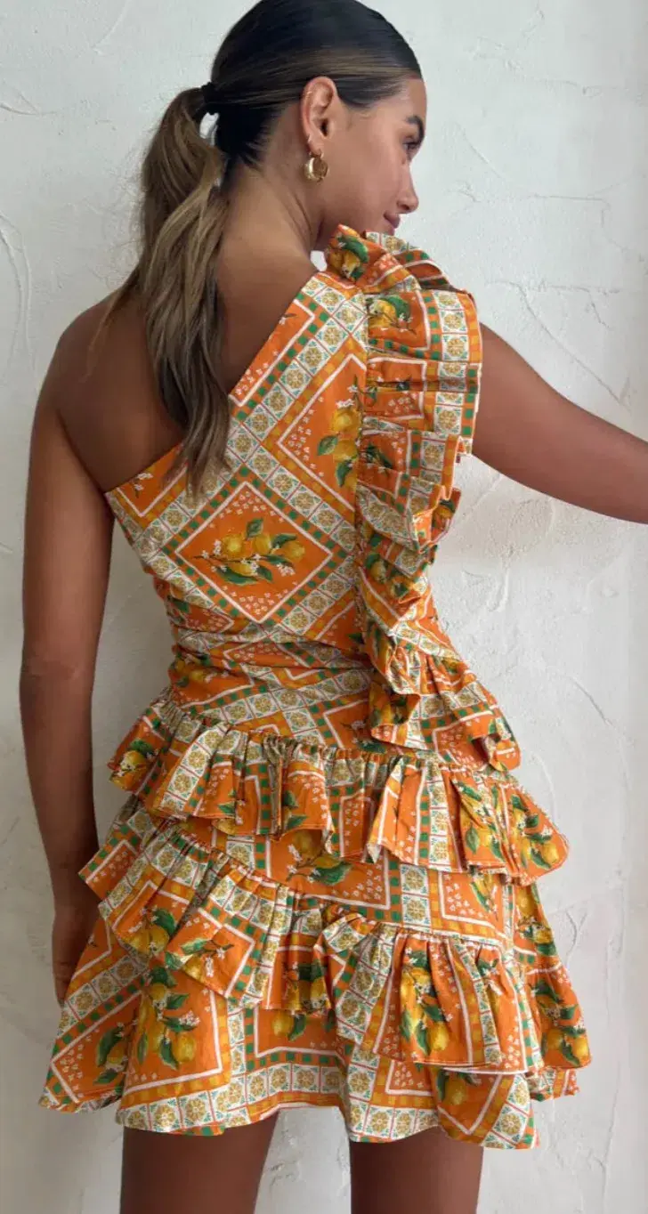 By Nicola Adrift Frill Mini Dress in Orange Mosaic Print Size 10 for rent on The Volte - main image