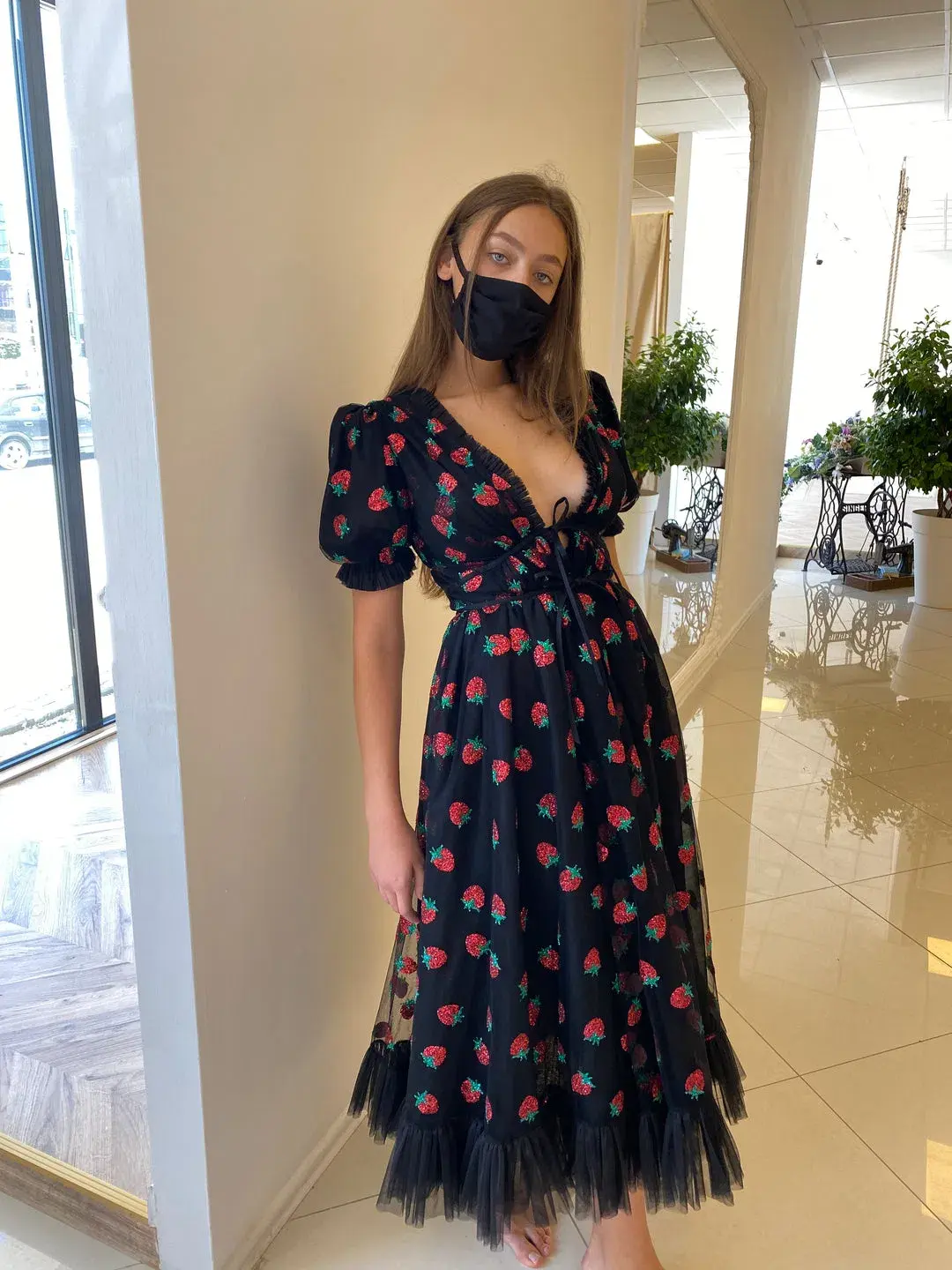 Lirika Matoshi Black Strawberry Midi Dress & Scarf Size Small/Au 8 for rent on The Volte - main image