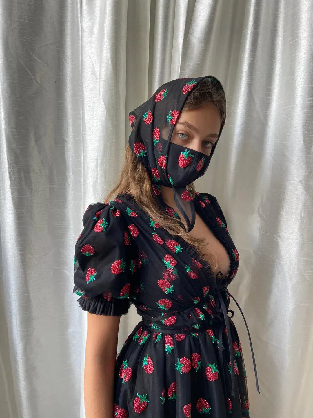 Lirika Matoshi Black Strawberry Midi Dress & Scarf Size Small/Au 8 for rent on The Volte - main image