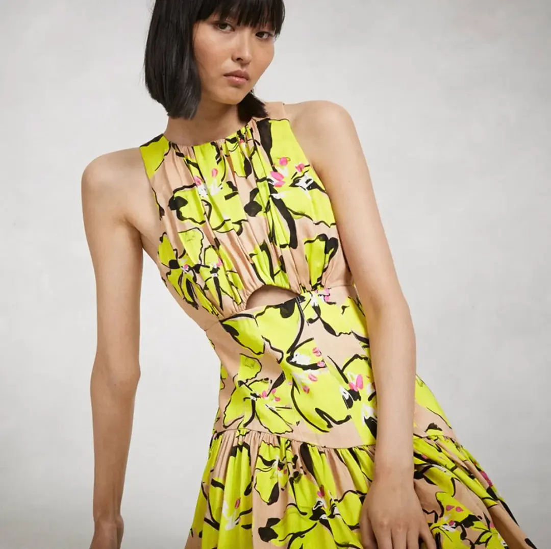 AJE Pelicano Racer Asymmetric Tiered Dress Citrus Bloom Size 10 for rent on The Volte - main image