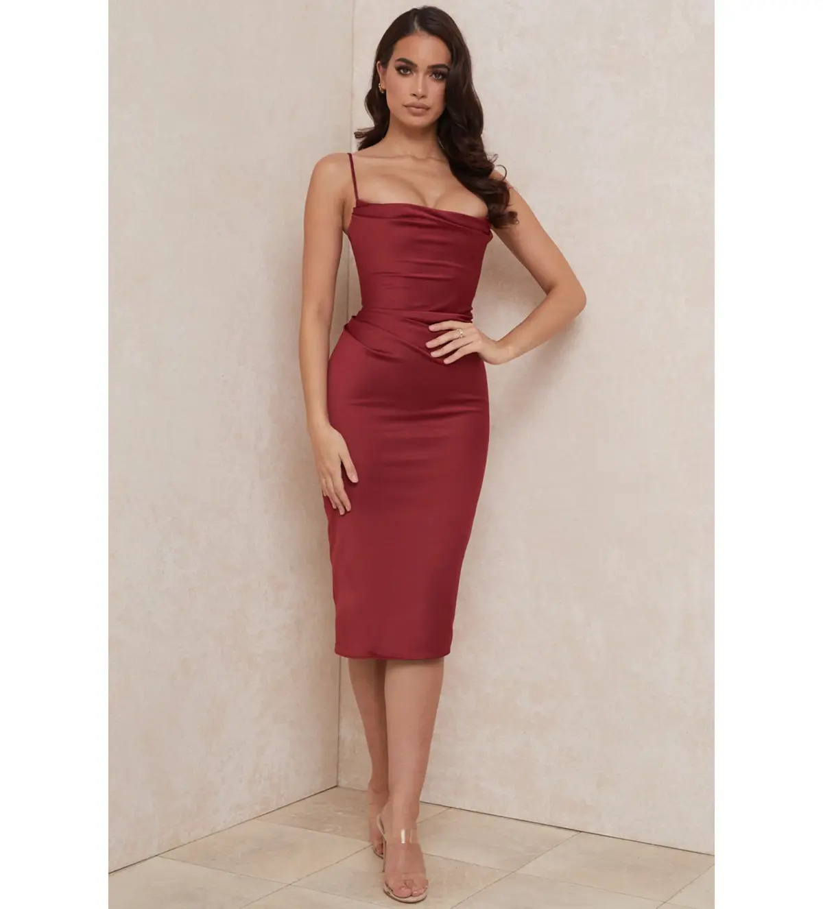 House of CB Anja Satin Corset Midi Dress Burgundy Size 6 - Image 1