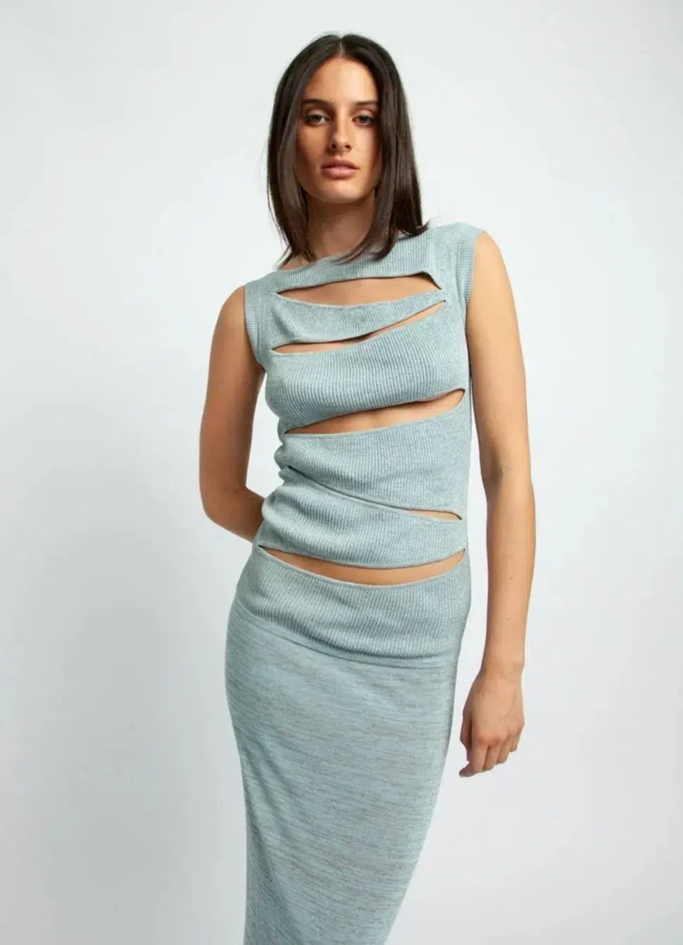 Christopher Esber Slashed Knit Mini Dress Blue Size AU 6 for rent on The Volte - main image