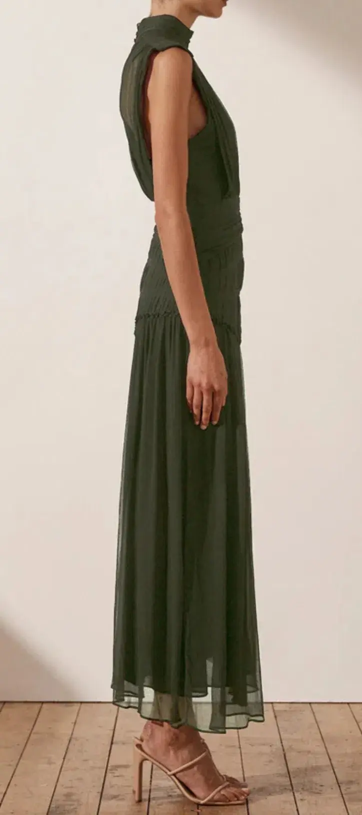 Shona Joy Clemence High Neck Midi Dress Olive Size 10 / M for rent on The Volte - main image