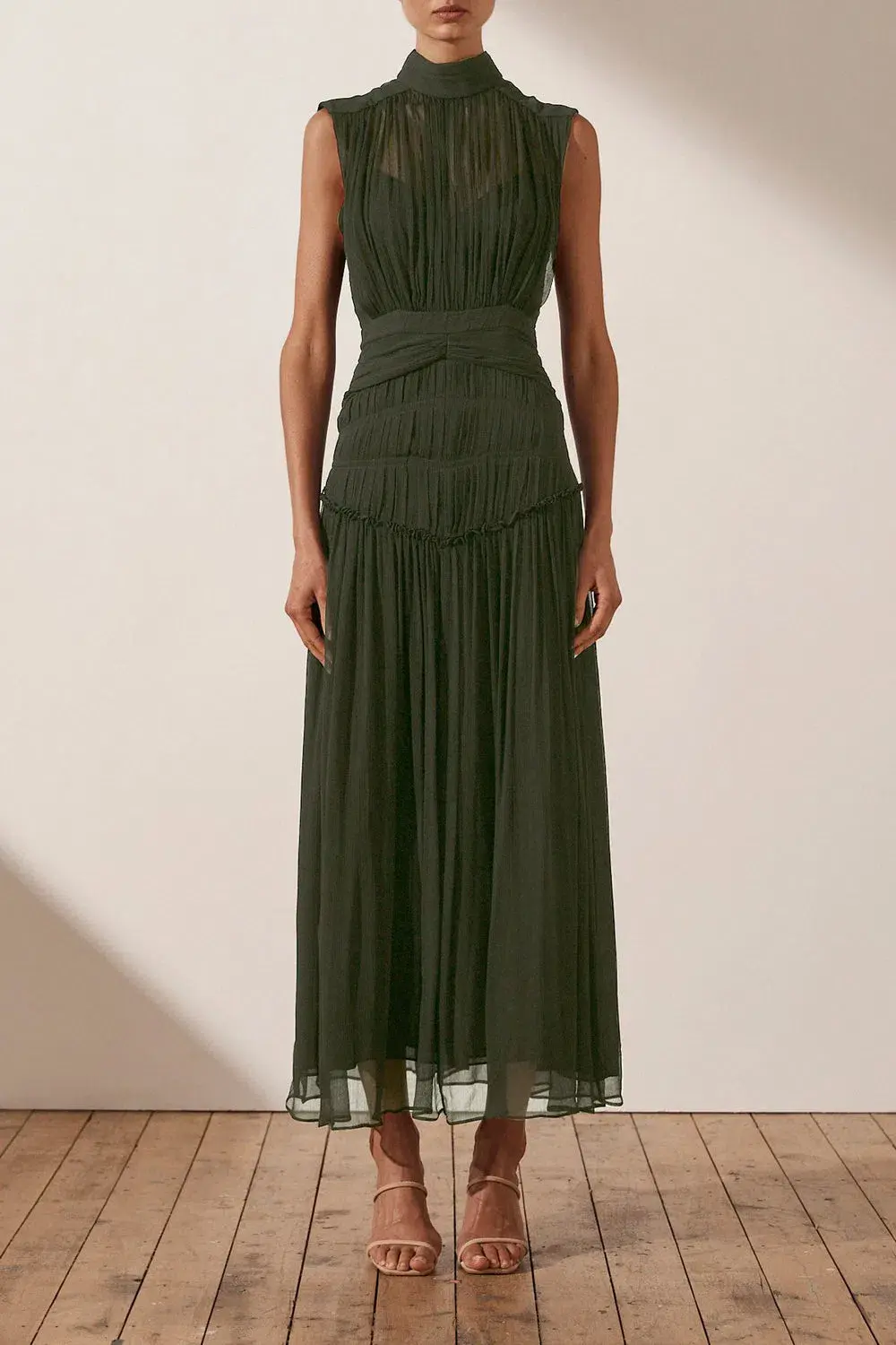 Shona Joy Clemence High Neck Midi Dress Olive Size 10 / M for rent on The Volte - main image
