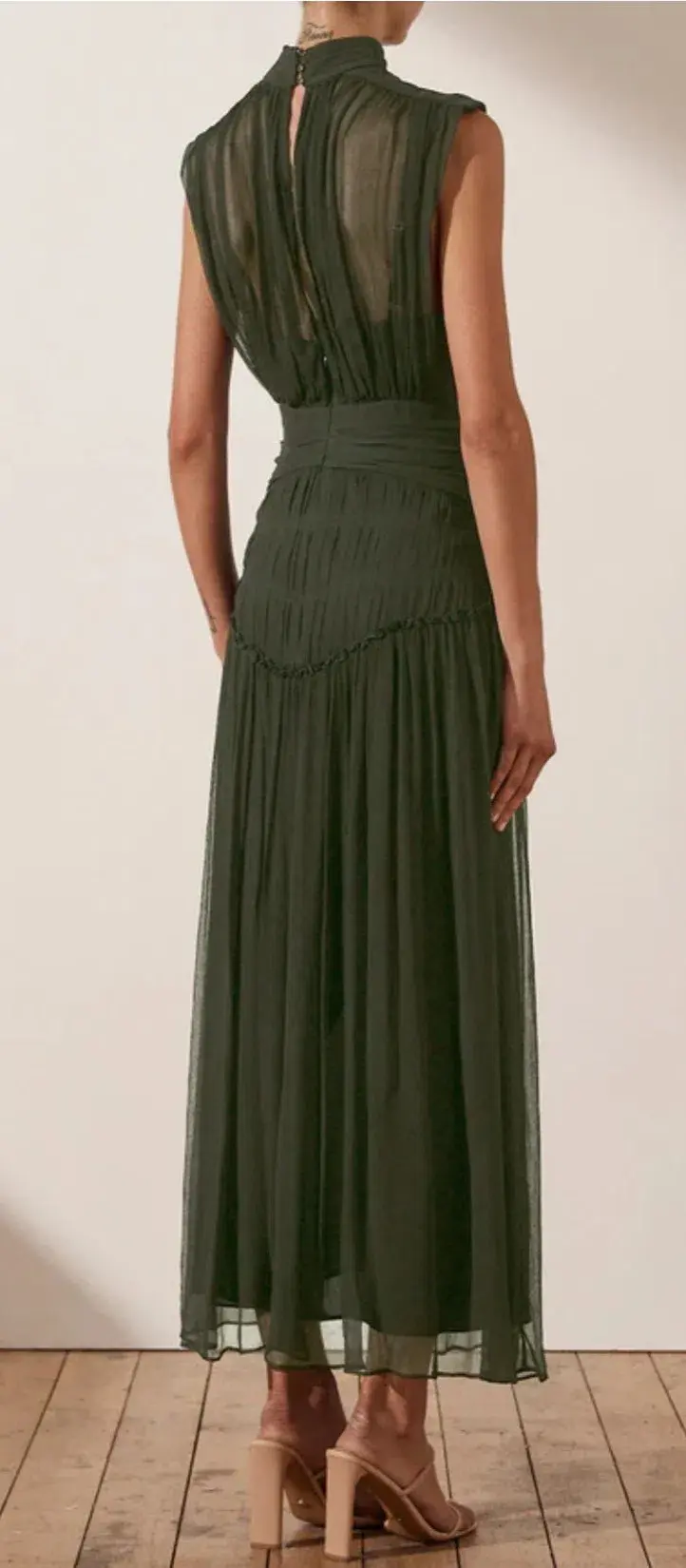 Shona Joy Clemence High Neck Midi Dress Olive Size 10 / M for rent on The Volte - main image
