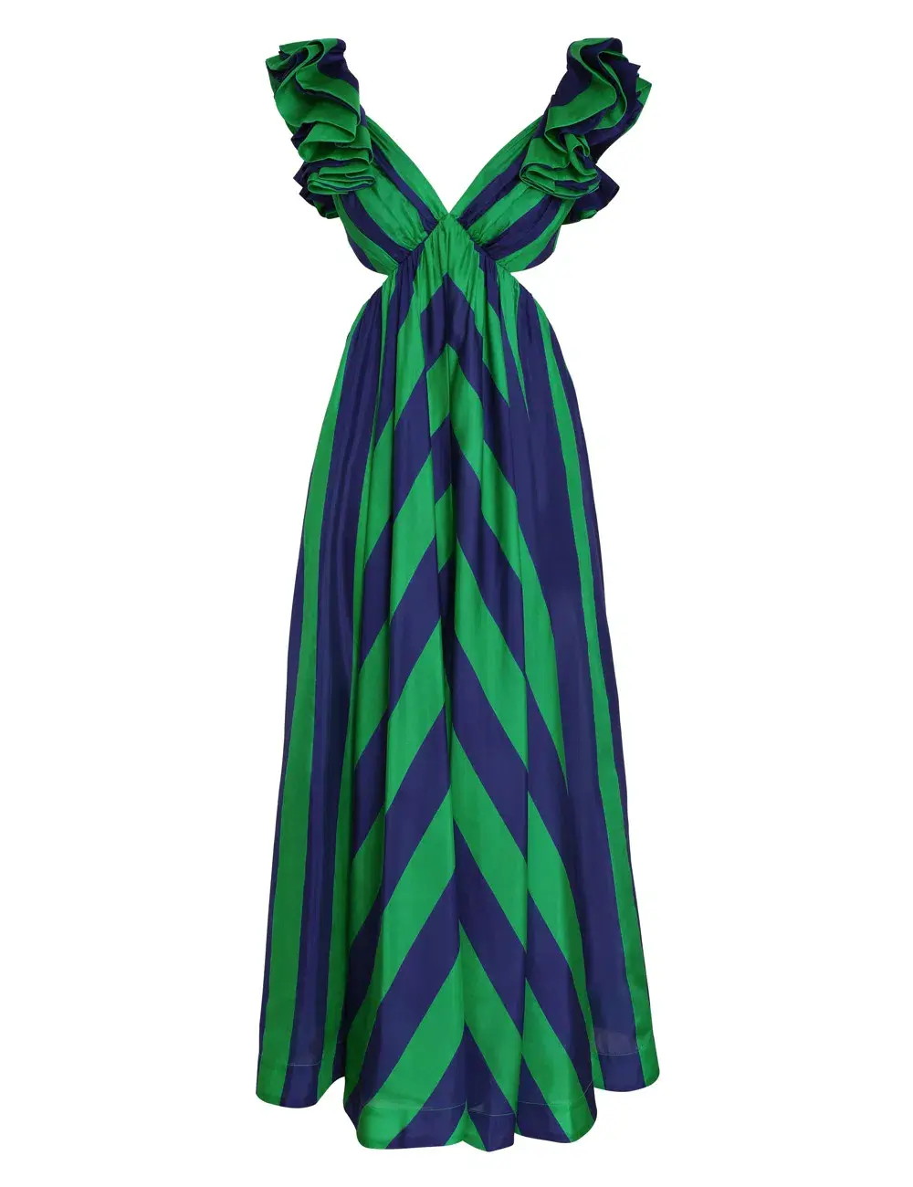 Zimmermann The Tiggy Frill Shoulder Dress in Navy/Green Stripe Size 1/Au 10 for rent on The Volte - main image