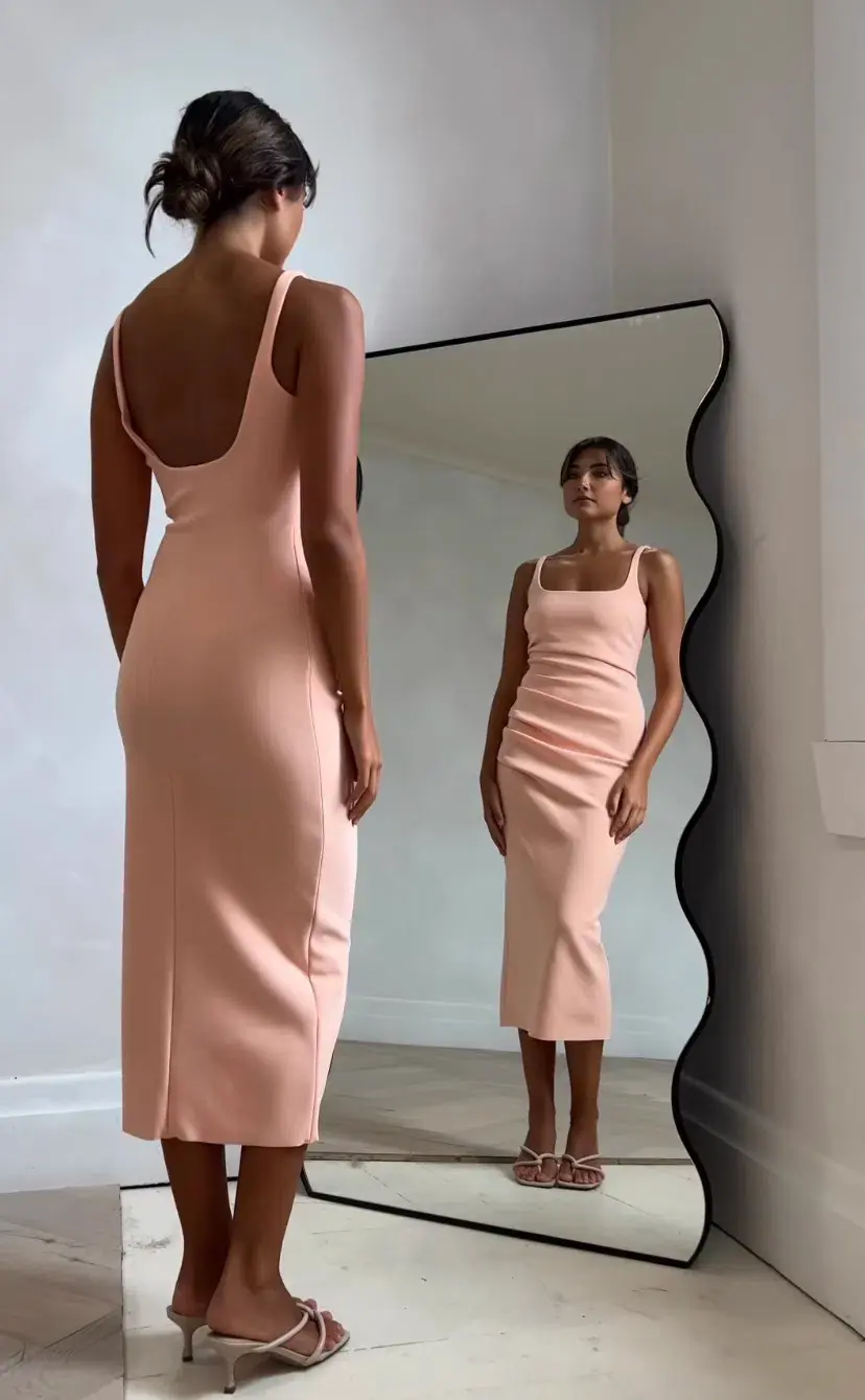 Bec & Bridge Karina Tuck Midi Dress Peach Size 12 / L for rent on The Volte - main image