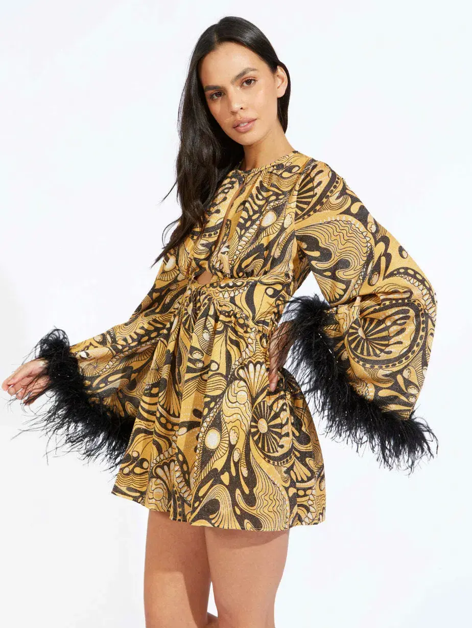 Alice McCall Feather Mini Dress Gold Dust Size AU 6 for rent on The Volte - main image