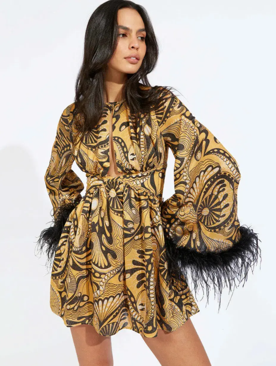 Alice McCall Feather Mini Dress Gold Dust Size AU 6 for rent on The Volte - main image