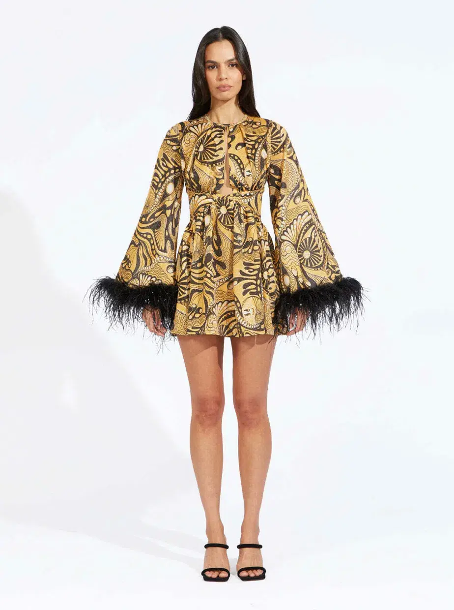 Alice McCall Feather Mini Dress Gold Dust Size AU 8 for rent on The Volte - main image