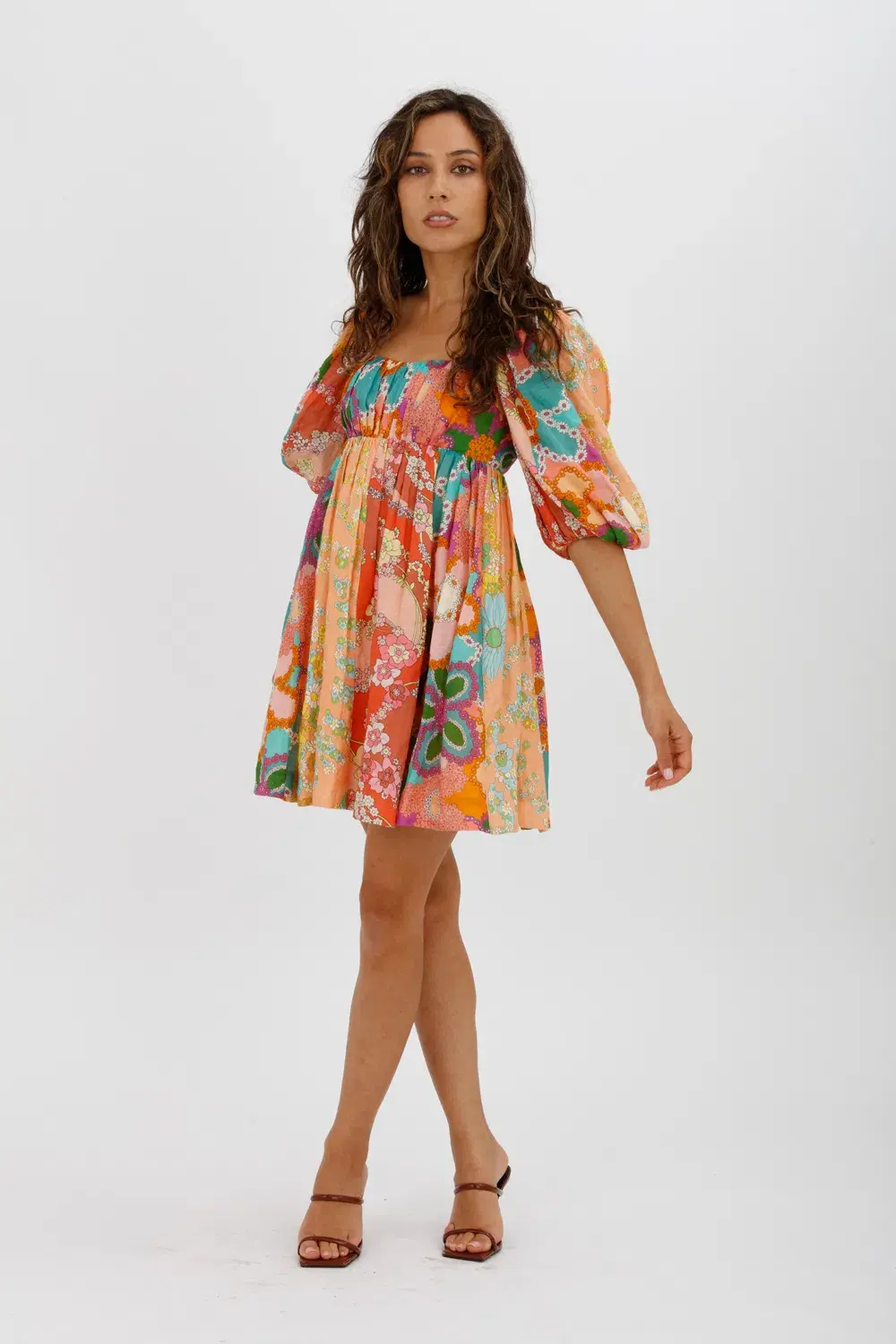 Zimmermann Lola Gathered Floral-print Linen Mini Dress Orange Size 0 / AU 8 for rent on The Volte - main image