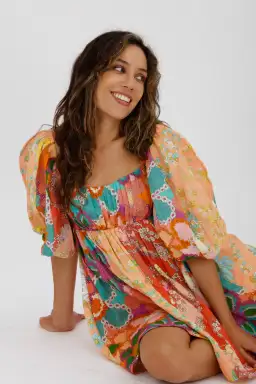 Zimmermann Lola Gathered Floral-print Linen Mini Dress Orange Size 0 / AU 8 for rent on The Volte - image 5