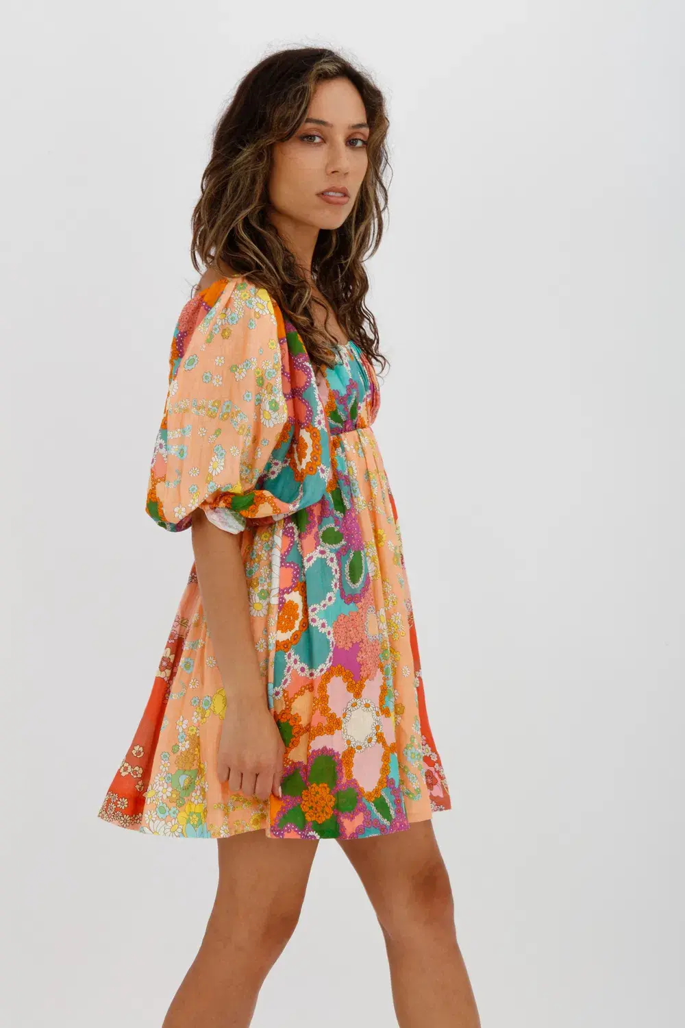 Zimmermann Lola Gathered Floral-print Linen Mini Dress Orange Size 0 / AU 8 for rent on The Volte - main image