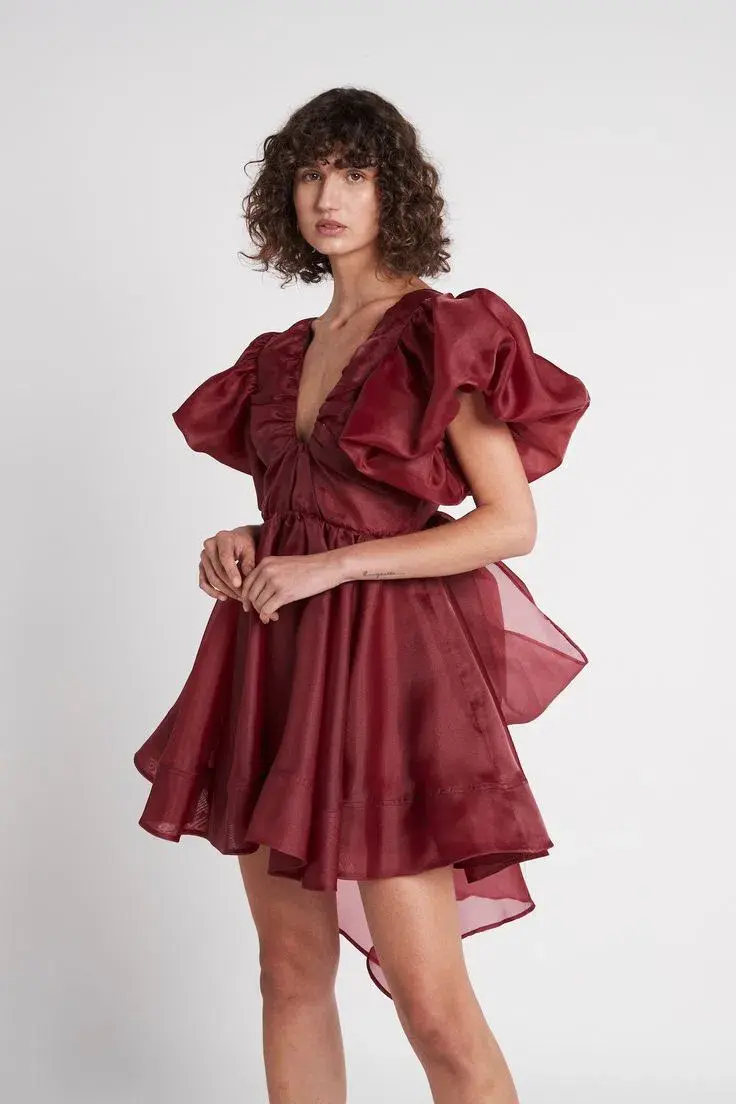 Aje Gretta Organza Mini Dress Burgundy Size 8 for rent on The Volte - main image