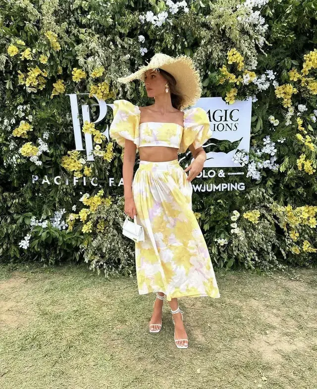 Leo Lin Simone Puff Top and Elina Pleated Midi Skirt Set Print Size 8 for rent on The Volte - main image