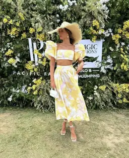 Leo Lin Simone Puff Top and Elina Pleated Midi Skirt Set Print Size 8 for rent on The Volte - image 1