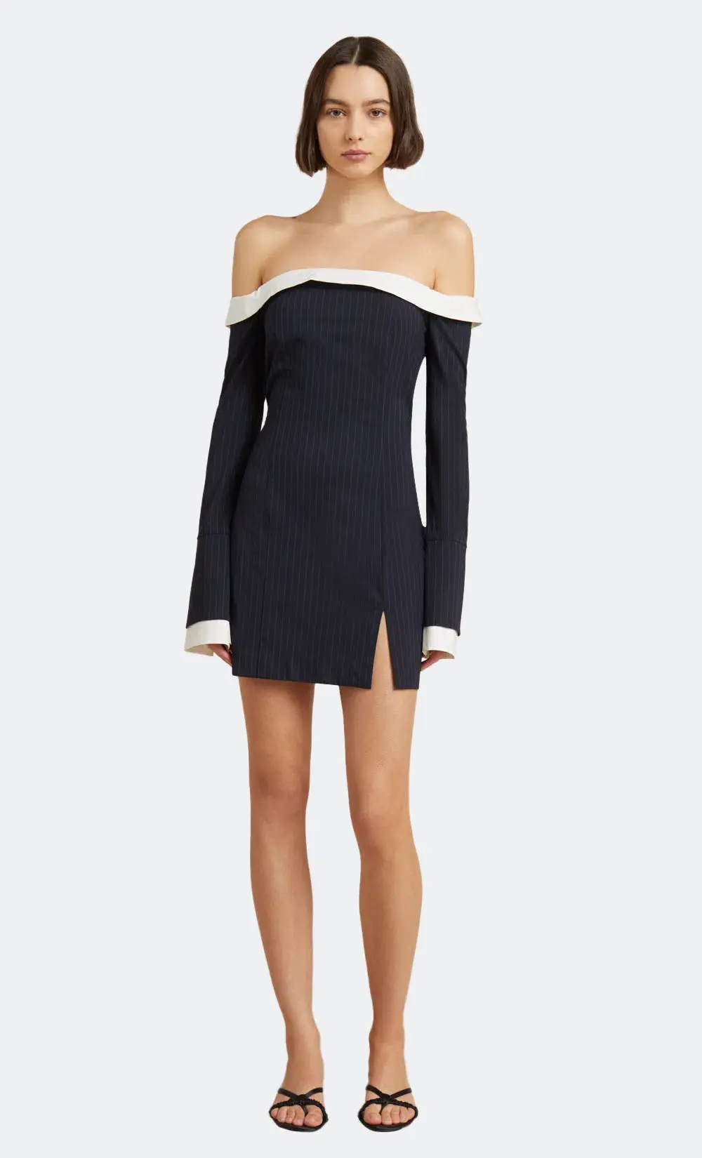 Bec & Bridge Cece Off Shoulder Dress Ink Pinstripe Size 8 for rent on The Volte - main image