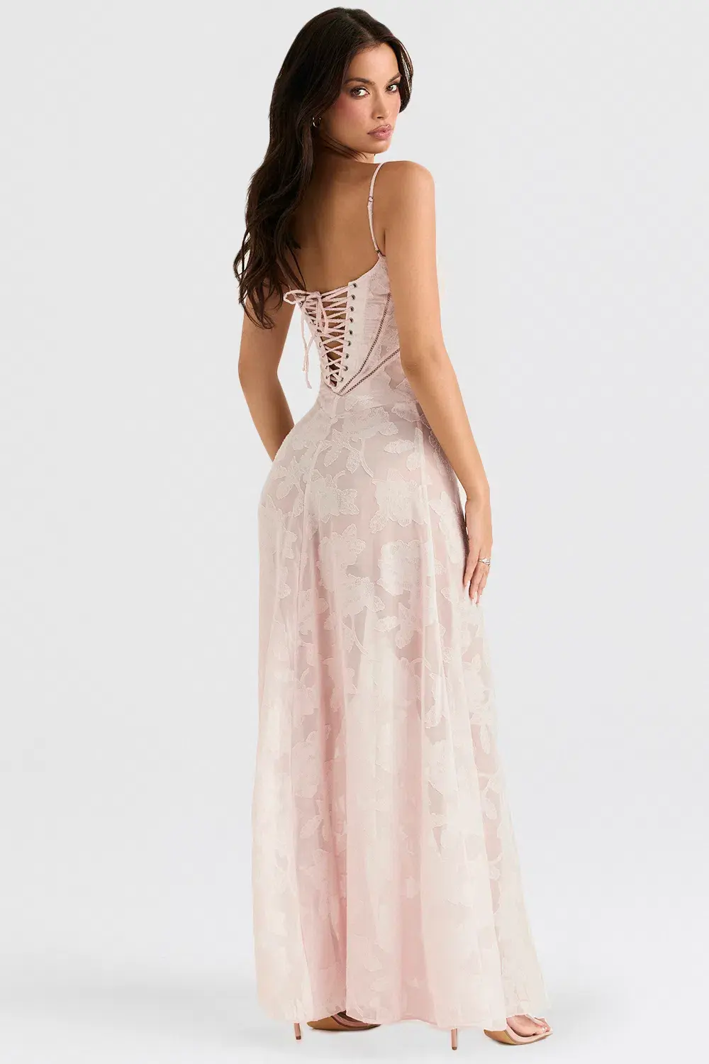House of CB Seren Lace Back Maxi Dress Soft Pink Floral Size M / 10 for rent on The Volte - main image
