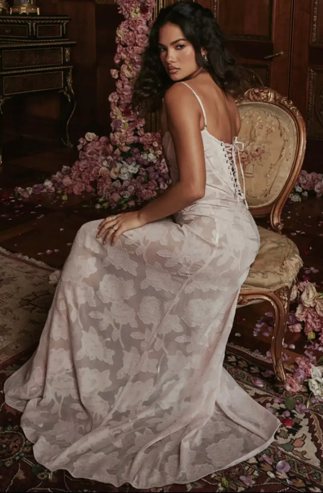 House of CB Seren Lace Back Maxi Dress Soft Pink Floral Size M / 10 for rent on The Volte - main image