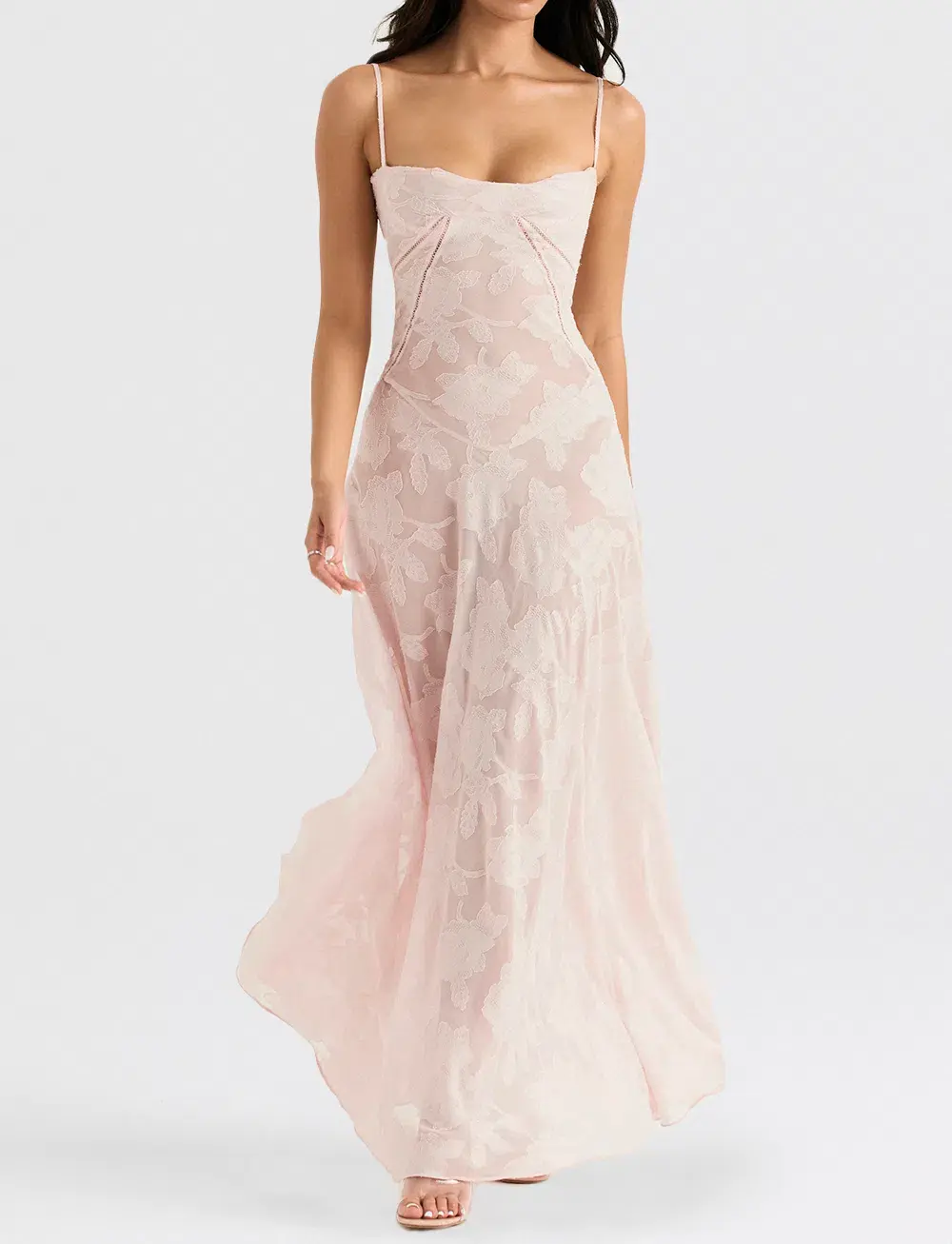 House of CB Seren Lace Back Maxi Dress Soft Pink Floral Size M / 10 for rent on The Volte - main image