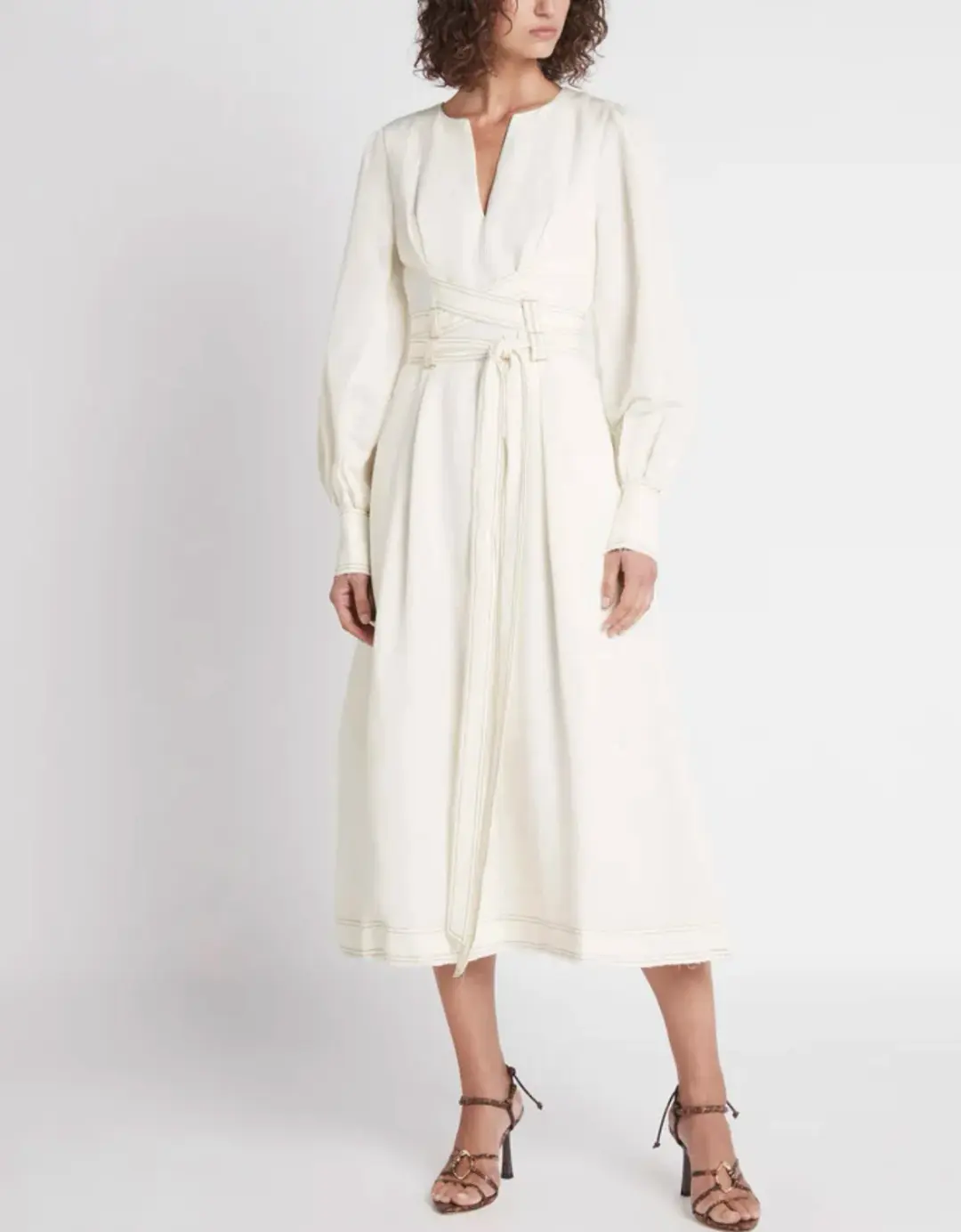 Aje Radiance Belted Midi Dress in Ivory Size AU 6 for rent on The Volte - main image