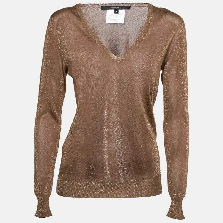 Gucci Lurex Knit V-Neck Sweater in Gold Size 10 for rent on The Volte - main image