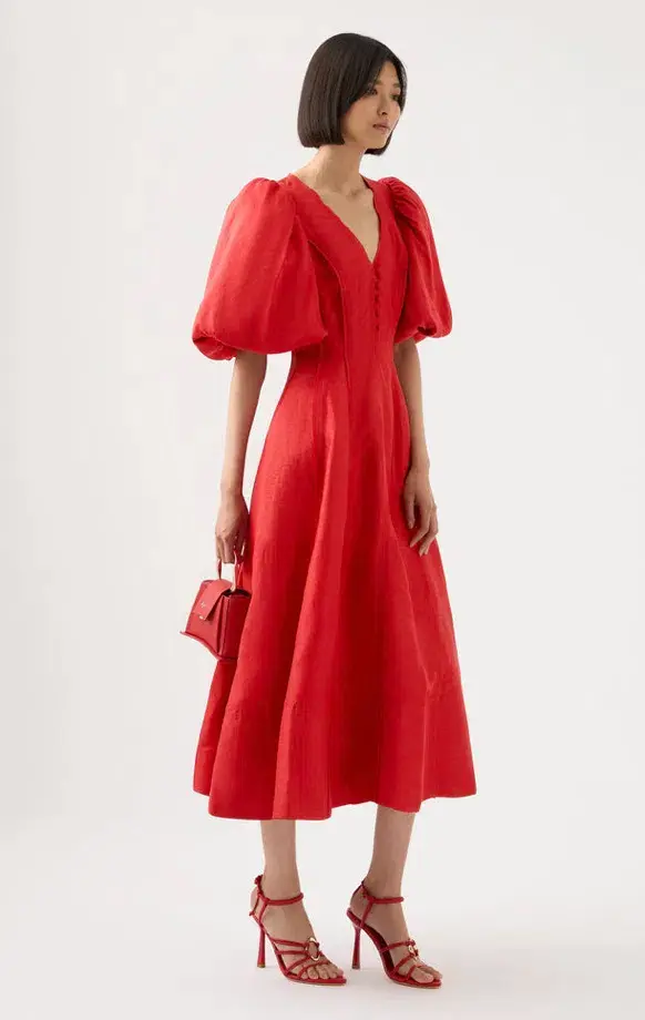 Aje Dusk Puff Sleeve Midi Dress Red Size 12 / L for rent on The Volte - main image
