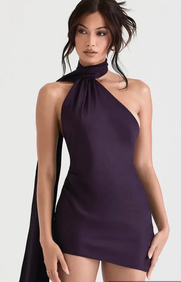 House of CB Aida Asymmetric Wrap Neck Mini Dress Night Shade Size 8 for rent on The Volte - main image