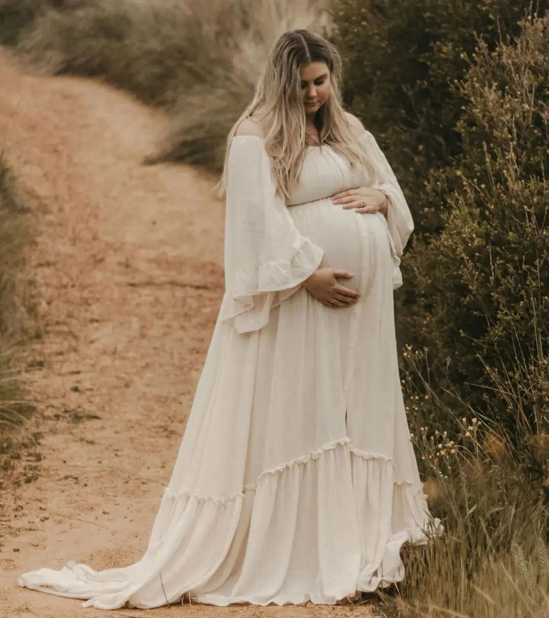 We Are Reclamation Ruffle Me Open Gown Beige Size 22 for rent on The Volte - main image