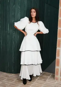 Mackenzie Mode Puff Sleeve Cutout Linen Maxi Tiered Dress White Size 10 for rent on The Volte - image 2