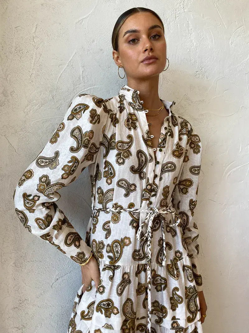 Alemais Mia Paisley Linen Midi Dress Cream Paisley Size 6 for rent on The Volte - main image