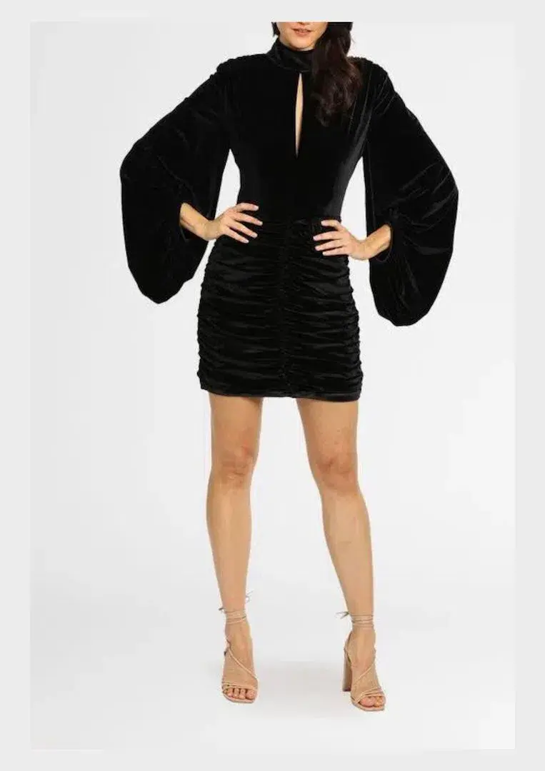Rebecca Vallance Monica Long Sleeve Velvet Mini Dress Black Size 6 for rent on The Volte - main image
