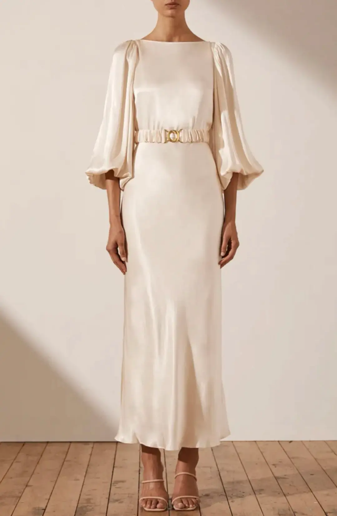 Shona Joy La Lune Balloon Sleeve Midi Dress with Belt Cream Size 6 / XS for rent on The Volte - main image