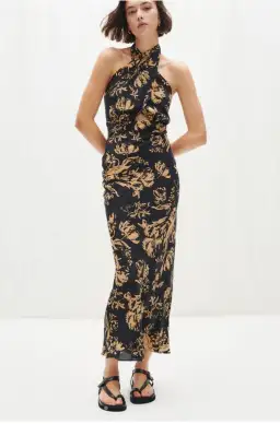 Shona Joy Dawn Silk Cross Front Halter Midi Dress Print Size 8 / S