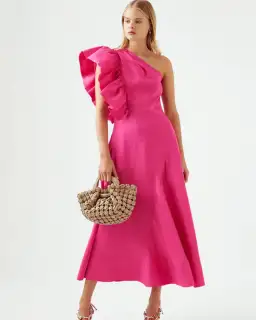 Aje Bonjour Asymmetric Midi Dress in Fuchsia Pink Size 16 (fit~14) for rent on The Volte - image 3
